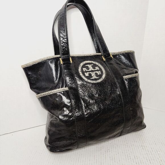 Tory Burch Black Patent Leather Snakeskin Trim Gold Hardware Shoulder Bag Tote - Picture 3 of 16